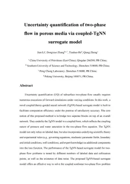 Uncertainty quantification of two-phase flow in porous media via
  coupled-TgNN surrogate model
