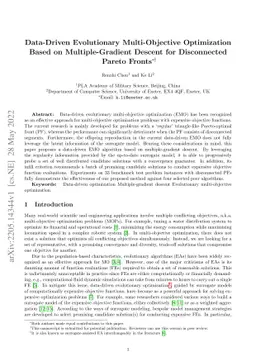 Data-Driven Evolutionary Multi-Objective Optimization Based on
  Multiple-Gradient Descent for Disconnected Pareto Fronts