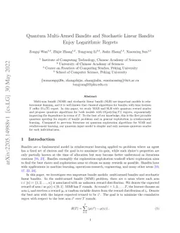Quantum Multi-Armed Bandits and Stochastic Linear Bandits Enjoy
  Logarithmic Regrets