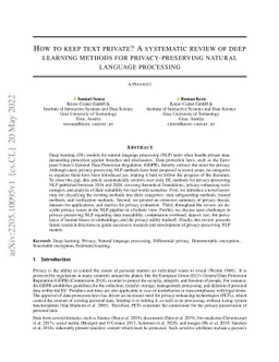 How to keep text private? A systematic review of deep learning methods
  for privacy-preserving natural language processing