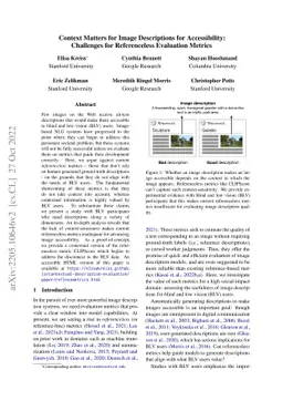 Context Matters for Image Descriptions for Accessibility: Challenges for
  Referenceless Evaluation Metrics