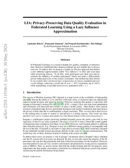 LIA: Privacy-Preserving Data Quality Evaluation in Federated Learning
  Using a Lazy Influence Approximation