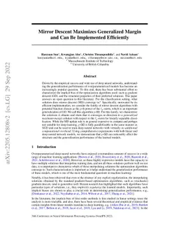Mirror Descent Maximizes Generalized Margin and Can Be Implemented
  Efficiently