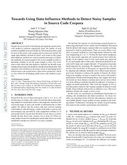 Towards Using Data-Influence Methods to Detect Noisy Samples in Source
  Code Corpora