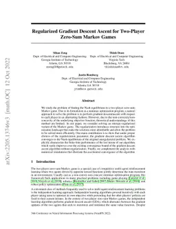 Regularized Gradient Descent Ascent for Two-Player Zero-Sum Markov Games