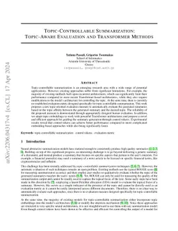 Topic-Controllable Summarization: Topic-Aware Evaluation and Transformer
  Methods