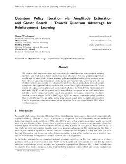Quantum Policy Iteration via Amplitude Estimation and Grover Search --
  Towards Quantum Advantage for Reinforcement Learning