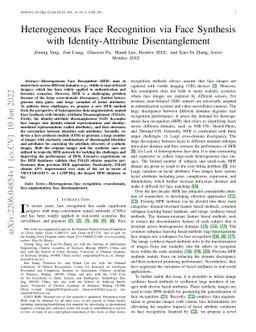 Heterogeneous Face Recognition via Face Synthesis with
  Identity-Attribute Disentanglement