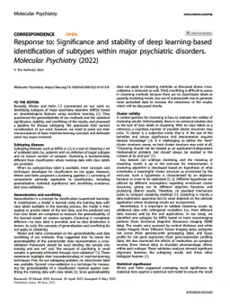 Response to: Significance and stability of deep learning-based
  identification of subtypes within major psychiatric disorders. Molecular
  Psychiatry (2022)