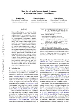 Hate Speech and Counter Speech Detection: Conversational Context Does
  Matter