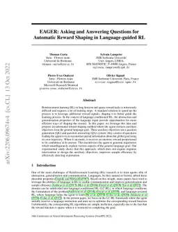 EAGER: Asking and Answering Questions for Automatic Reward Shaping in
  Language-guided RL