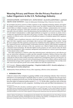 Weaving Privacy and Power: On the Privacy Practices of Labor Organizers
  in the U.S. Technology Industry