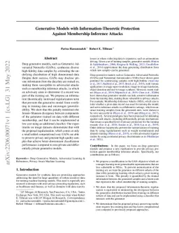 Generative Models with Information-Theoretic Protection Against
  Membership Inference Attacks