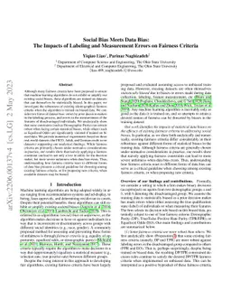 Social Bias Meets Data Bias: The Impacts of Labeling and Measurement
  Errors on Fairness Criteria