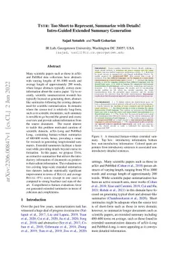 TSTR: Too Short to Represent, Summarize with Details! Intro-Guided
  Extended Summary Generation