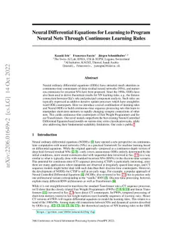 Neural Differential Equations for Learning to Program Neural Nets
  Through Continuous Learning Rules
