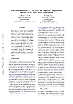 Relevance in Dialogue: Is Less More? An Empirical Comparison of Existing
  Metrics, and a Novel Simple Metric
