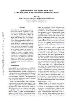 Speech Detection Task Against Asian Hate: BERT the Central, While
  Data-Centric Studies the Crucial