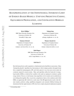 Backpropagation at the Infinitesimal Inference Limit of Energy-Based
  Models: Unifying Predictive Coding, Equilibrium Propagation, and Contrastive
  Hebbian Learning
