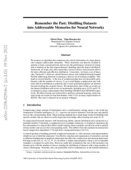 Remember the Past: Distilling Datasets into Addressable Memories for
  Neural Networks