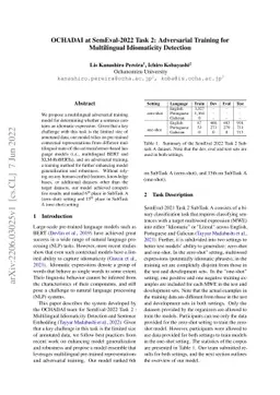 OCHADAI at SemEval-2022 Task 2: Adversarial Training for Multilingual
  Idiomaticity Detection