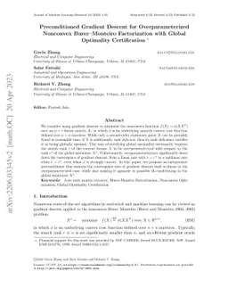 Preconditioned Gradient Descent for Overparameterized Nonconvex Burer--Monteiro Factorization with Global Optimality Certification