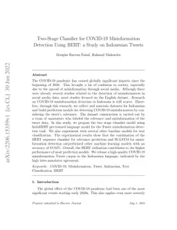 Two-Stage Classifier for COVID-19 Misinformation Detection Using BERT: a
  Study on Indonesian Tweets