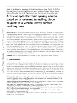 Artificial optoelectronic spiking neuron based on a resonant tunnelling
  diode coupled to a vertical cavity surface emitting laser