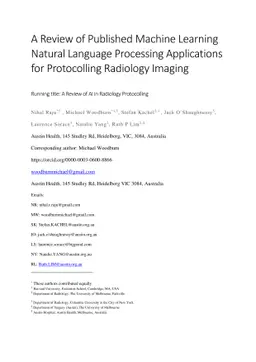 A Review of Published Machine Learning Natural Language Processing
  Applications for Protocolling Radiology Imaging