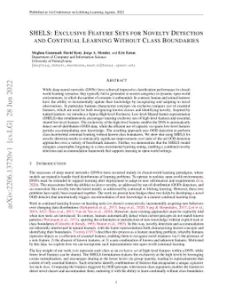 SHELS: Exclusive Feature Sets for Novelty Detection and Continual
  Learning Without Class Boundaries