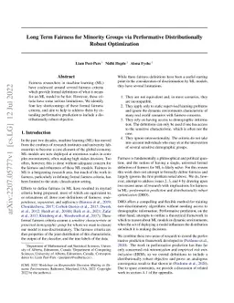 Long Term Fairness for Minority Groups via Performative Distributionally
  Robust Optimization