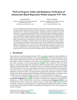 Work In Progress: Safety and Robustness Verification of
  Autoencoder-Based Regression Models using the NNV Tool