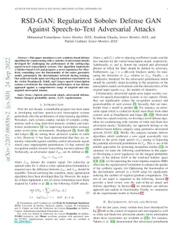RSD-GAN: Regularized Sobolev Defense GAN Against Speech-to-Text
  Adversarial Attacks
