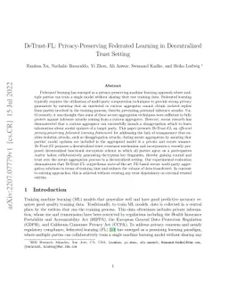DeTrust-FL: Privacy-Preserving Federated Learning in Decentralized Trust
  Setting