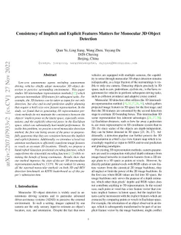 Consistency of Implicit and Explicit Features Matters for Monocular 3D
  Object Detection