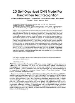2D Self-Organized ONN Model For Handwritten Text Recognition