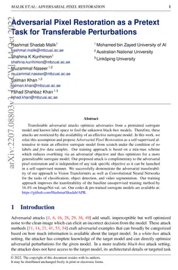 Adversarial Pixel Restoration as a Pretext Task for Transferable
  Perturbations