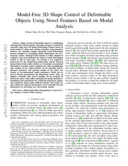 Model-Free 3D Shape Control of Deformable Objects Using Novel Features
  Based on Modal Analysis
