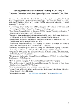 Tackling Data Scarcity with Transfer Learning: A Case Study of Thickness
  Characterization from Optical Spectra of Perovskite Thin Films