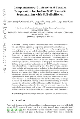 Complementary Bi-directional Feature Compression for Indoor 360°
  Semantic Segmentation with Self-distillation