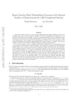 Binary Iterative Hard Thresholding Converges with Optimal Number of Measurements for 1-Bit Compressed Sensing