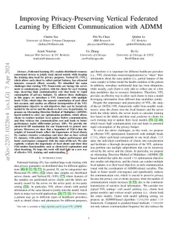 Improving Privacy-Preserving Vertical Federated Learning by Efficient
  Communication with ADMM