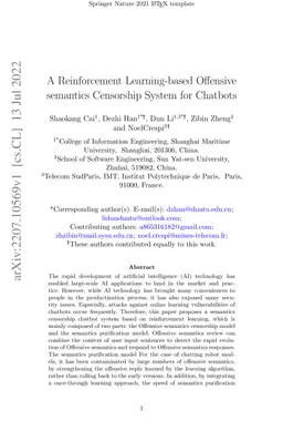 A Reinforcement Learning-based Offensive semantics Censorship System for
  Chatbots