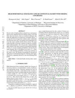 High dimensional stochastic linear contextual bandit with missing
  covariates