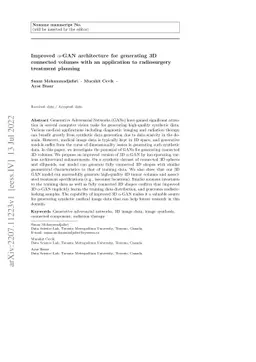 Improved $α$-GAN architecture for generating 3D connected volumes
  with an application to radiosurgery treatment planning