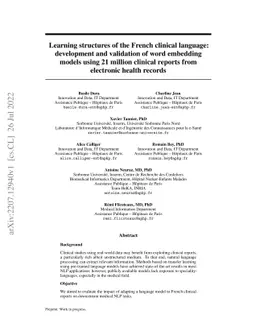 Learning structures of the French clinical language:development and
  validation of word embedding models using 21 million clinical reports from
  electronic health records
