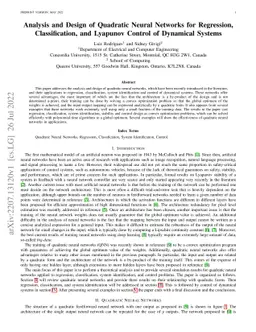 Analysis and Design of Quadratic Neural Networks for Regression,
  Classification, and Lyapunov Control of Dynamical Systems