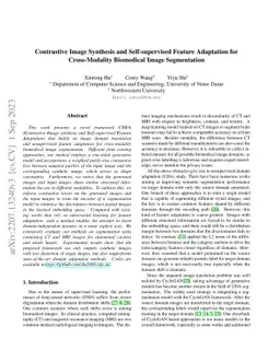Contrastive Image Synthesis and Self-supervised Feature Adaptation for
  Cross-Modality Biomedical Image Segmentation