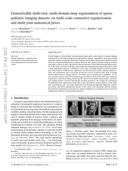 Generalizable multi-task, multi-domain deep segmentation of sparse
  pediatric imaging datasets via multi-scale contrastive regularization and
  multi-joint anatomical priors