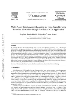 Multi-Agent Reinforcement Learning for Long-Term Network Resource
  Allocation through Auction: a V2X Application